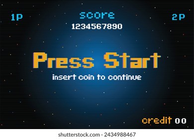 PRESIONE START INSERTAR UNA MONEDA PARA CONTINUAR. pixel art juego de .8 bits. juego retro. para los activos del juego en ilustraciones vectoriales.	