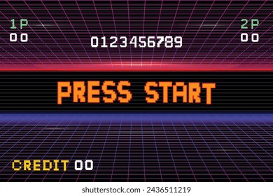 PRESS START INSERT A COIN TO CONTINUE .pixel art .8 bit game. retro game. for game assets .Retro Futurism Sci-Fi Background. glowing neon grid. and stars from vintage arcade computer games