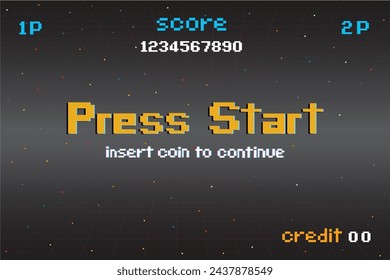 PRESS START INSERT A COIN TO CONTINUE .pixel art .8 bit game. retro game. for game assets .Retro Futurism Sci-Fi Background. glowing neon grid. and stars from vintage arcade computer games