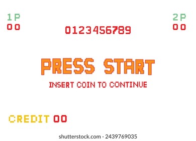 PRESS START INSERT A COIN TO CONTINUE .pixel art .8 bit game. retro game. for game assets .Retro Futurism Sci-Fi Background. glowing neon grid. and stars from vintage arcade computer games