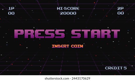 PRESS START INSERT A COIN TO CONTINUE .pixel art .8 bit game.retro game. for game assets in vector illustrations.Retro Futurism Sci-Fi Background. glowing neon grid.and stars from vintage arcade comp