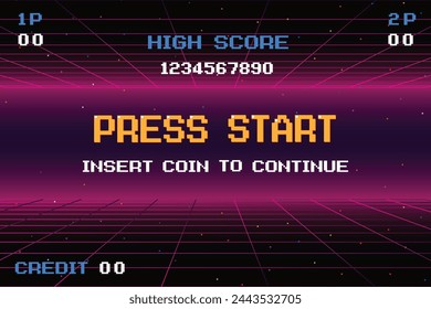 PRESS START insert coin to continue. Synthwave wireframe net illustration. pixel art .8 bit game. retro game. for game assets .Retro Futurism Sci-Fi Background. glowing neon grid and stars.