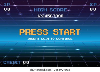 PRESS START INSERT A COIN TO CONTINUE .pixel art .8 bit game. retro game. for game assets .Retro Futurism Sci-Fi Background. glowing neon grid. and stars from vintage arcade computer games