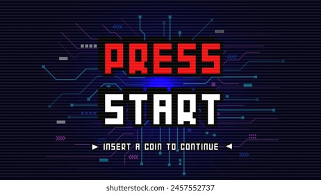 PRESS START INSERT A COIN TO CONTINUE .pixel art .8 bit game.retro game. for game assets in vector illustrations.technology background design.	