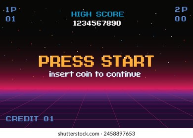 PRESS START INSERT A COIN TO CONTINUE .pixel art .8 bit game. retro game. for game assets .Retro Futurism Sci-Fi Background. glowing neon grid. and stars from vintage arcade computer games