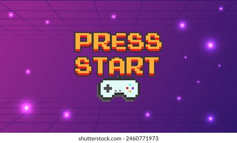 PRESSE FORTFAHREN START EINE COIN EINFÜGEN Für .pixel art .8 bit game.retro game. Für Spielgeräte in Vektorillustrationen.Retro Futurismus Sci-Fi Hintergrund. Glühendes Neongitter.und Sterne aus Vintage Arcade Layoutdatei