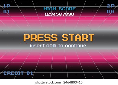 PRESS START INSERT A COIN TO CONTINUE .pixel art .8 bit game. retro game. for game assets .Retro Futurism Sci-Fi Background. glowing neon grid. and stars from vintage arcade computer games