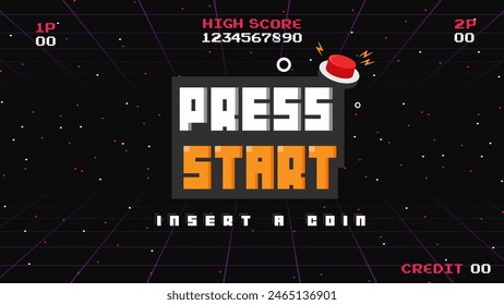 PRESSE FORTFAHREN START EINE COIN EINFÜGEN Für .pixel art .8 bit game.retro game. Für Spielgeräte in Vektorillustrationen.Retro Futurismus Sci-Fi Hintergrund. Glühendes Neongitter.und Sterne aus Vintage Arcade Layoutdatei