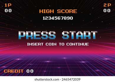 PRESS START INSERT A COIN TO CONTINUE .pixel art .8 bit game. retro game. for game assets .Retro Futurism Sci-Fi Background. glowing neon grid. and stars from vintage arcade computer games