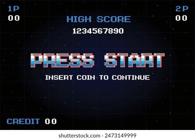 PRESS START INSERT A COIN TO CONTINUE. pixel art .8 bit game. retro game. for game assets in vector illustrations.