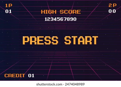 PRESS START INSERT A COIN TO CONTINUE .pixel art .8 bit game. retro game. for game assets .Retro Futurism Sci-Fi Background. glowing neon grid. and stars from vintage arcade computer games