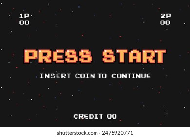 PRESS START INSERT A COIN TO CONTINUE .pixel art .8 bit game.retro game. for game assets in vector illustrations.Retro Futurism Sci-Fi Background. glowing neon grid.and stars from vintage arcade comp