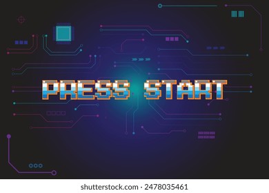 PRESS START INSERT A COIN TO CONTINUE .pixel art .8 bit game. retro game. for game assets .Retro Futurism Sci-Fi Background. glowing neon grid. and stars from vintage arcade computer games