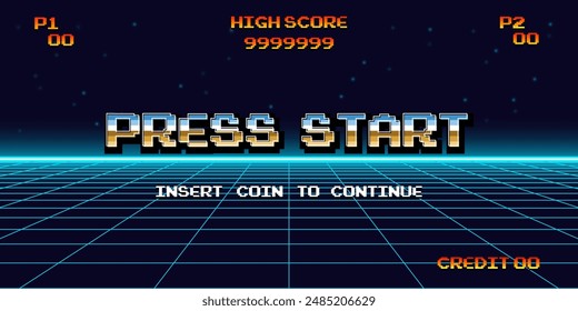 PRESS START INSERT A COIN TO CONTINUE .pixel art .8 bit game.retro game. for game assets in vector illustrations.Retro Futurism Sci-Fi Background. glowing neon grid.and stars from vintage arcade comp