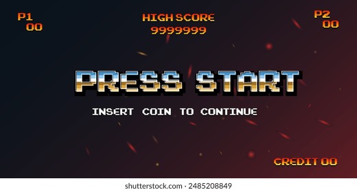 PRESS START INSERT A COIN TO CONTINUE .pixel art .8 bit game.retro game. for game assets in vector illustrations.Retro Futurism Sci-Fi Background. glowing neon grid.and stars from vintage arcade comp