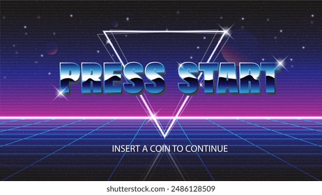 PRESS START INSERT A COIN TO CONTINUE .retro game. for game assets in vector illustrations.Retro Futurism Sci-Fi Background. glowing neon grid.and stars from vintage arcade comp