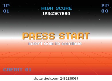 PRESS START. insert coin to continue. pixel art .8 bit game. retro game. for game assets in vector illustrations.