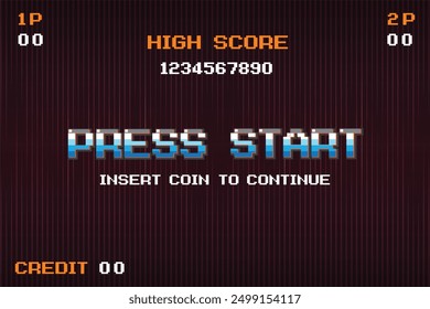 PRESS START INSERT A COIN TO CONTINUE .pixel art .8 bit game. retro game. for game assets .Retro Futurism Sci-Fi Background. glowing neon grid. and stars from vintage arcade computer games