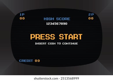 PRESS START INSERT A COIN TO CONTINUE .pixel art .8 bit game. retro game. for game assets in vector illustrations. Retro Futurism Sci-Fi Background. glowing neon grid. and stars from vintage arcade