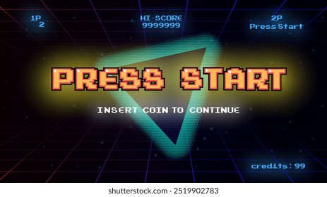  PRESS START INSERT A COIN TO CONTINUE .pixel art .8 bit game.retro game. for game assets in vector illustrations.Retro Futurism Sci-Fi Background. glowing neon grid.and stars from vintage arcade comp