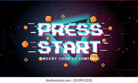 PRESSIONE START INSERT UMA MOEDA PARA CONTINUAR .pixel art .8 bit game.retro jogo. para ativos de jogo em ilustrações vetoriais.Retro Futurismo Sci-Fi Fundo.