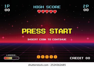 PRESS START INSERT A COIN TO CONTINUE .pixel art .8 bit game. retro game. for game assets .Retro Futurism Sci-Fi Background. glowing neon grid. and stars from vintage arcade computer games