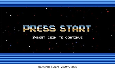 PRENSA CONTINUAR INICIO INSERTAR UNA MONEDA A .pixel art .8 bit game.retro juego. para activos de juego en Ilustraciones vectoriales.Retro Futurism Sci-Fi Fondo. brillante neón grid.and estrellas de la Muestra gratis arcade vintage	