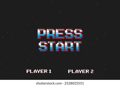 INICIO DE LA Prensa. CONTINUAR INSERTAR UNA MONEDA A .pixel arte .8 bit juego. juego retro. para activos de juego .Retro Futurism Sci-Fi Fondo. brillante red de neón. y estrellas de juegos de ordenador arcade vintage