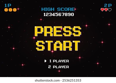 PRESSIONE START INSERT UMA MOEDA PARA CONTINUAR .pixel art .8 bit game. jogo retro. para recursos de jogo .Retro Futurismo Sci-Fi Fundo. grade de néon brilhante. e estrelas de vintage arcade jogos de computador