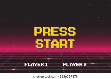 INICIO DE LA Prensa. CONTINUAR INSERTAR UNA MONEDA A .pixel arte .8 bit juego. juego retro. para activos de juego .Retro Futurism Sci-Fi Fondo. brillante red de neón. y estrellas de juegos de ordenador arcade vintage