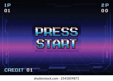 INICIO DE LA Prensa. CONTINUAR INSERTAR UNA MONEDA A .pixel arte .8 bit juego. juego retro. para activos de juego .Retro Futurism Sci-Fi Fondo. brillante red de neón. y estrellas de juegos de ordenador arcade vintage