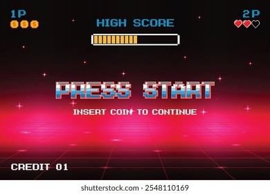 PRESSIONE INICIAR. INSIRA UMA MOEDA PARA CONTINUAR. pixel art jogo de 0,8 bits. jogo retro. para recursos do jogo. Futurismo retrô Sci-Fi fundo. grade de néon brilhante. e estrelas de vintage arcade jogos de computador