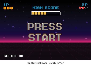 PRESS START. INSERT A COIN TO CONTINUE. pixel art. 8 bit game. Retro Futurism Sci-Fi Background. glowing neon grid. and stars from vintage arcade computer games