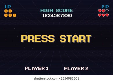 PRESS START. INSERT A COIN TO CONTINUE. pixel art. 8 bit game. Retro Futurism Sci-Fi Background. glowing neon grid. and stars from vintage arcade computer games