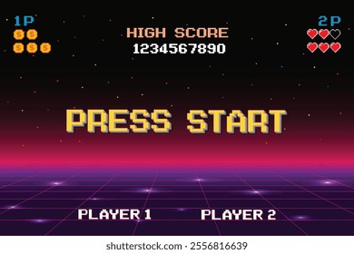 PRESS START. INSERT A COIN TO CONTINUE. pixel art. 8 bit game. retro game. for game assets. Retro Futurism Sci-Fi Background. glowing neon grid. and stars from vintage arcade computer games