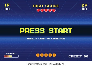 PRESS START. insert coin to continue. pixel art 8-bit game retro game. Retro Futurism Sci-Fi Background. glowing neon grid.