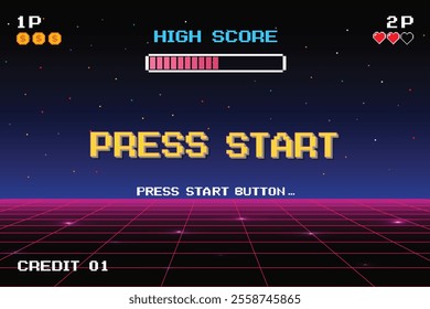 PRESS START. INSERT A COIN TO CONTINUE. pixel art .8 bit game. retro game. for game assets. Retro Futurism Sci-Fi Background. glowing neon grid. and stars from vintage arcade computer games