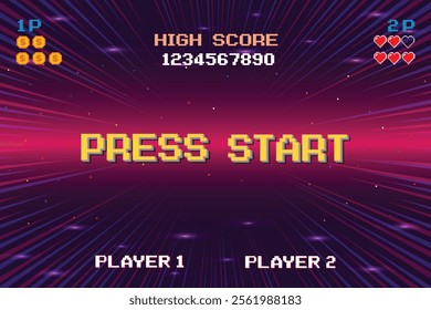 PRESS START. INSERT A COIN TO CONTINUE. pixel art .8 bit game. retro game. for game assets. Retro Futurism Sci-Fi Background. glowing neon grid. and stars from vintage arcade computer games