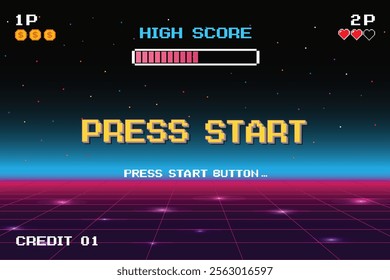 PRESS START. INSERT A COIN TO CONTINUE. pixel art .8 bit game. retro game. for game assets. Retro Futurism Sci-Fi Background. glowing neon grid. and stars from vintage arcade computer games