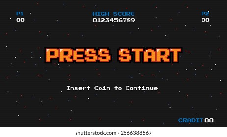 PRESS START INSERT A COIN TO CONTINUE .pixel art .8 bit game.retro game. for game assets in vector illustrations.Retro Futurism Sci-Fi Background. glowing neon grid.and stars from vintage arcade comp