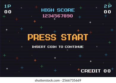 PRESS START. INSERT A COIN TO CONTINUE. pixel art .8 bit game. retro game. for game assets in vector illustrations.