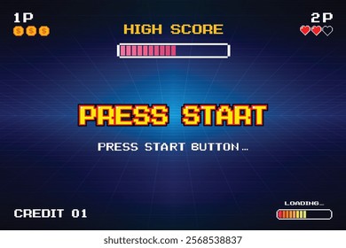 PRESS START. INSERT A COIN TO CONTINUE. pixel art. 8 bit game. retro game. for game assets .Retro Futurism Sci-Fi Background. glowing neon grid. and stars from vintage arcade computer games