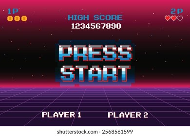 PRESS START. INSERT A COIN TO CONTINUE. pixel art. 8 bit game. retro game. for game assets in vector illustrations.