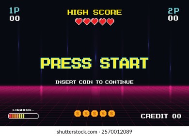 PRESS START. INSERT A COIN TO CONTINUE. pixel art. 8 bit game. retro game. for game assets. Retro Futurism Sci-Fi Background. glowing neon grid. and stars from vintage arcade computer games