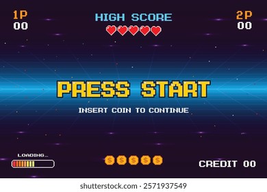 PRESS START. INSERT A COIN TO CONTINUE. pixel art. 8 bit game. retro game. for game assets. Blue Retro Futurism Sci-Fi Background. glowing neon grid. and stars from vintage arcade computer games