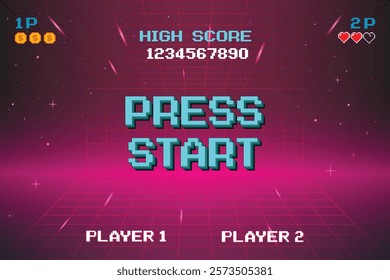 PRESS START. INSERT A COIN TO CONTINUE. pixel art .8 bit game.  Retro Futurism Sci-Fi Background. glowing neon grid. and stars from vintage arcade computer games