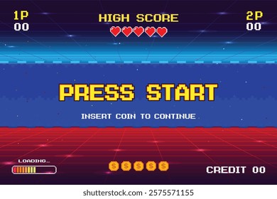 PRESS START. INSERT A COIN TO CONTINUE. pixel art .8 bit game. Retro Futurism Sci-Fi Background. glowing neon grid. and stars from vintage arcade computer games