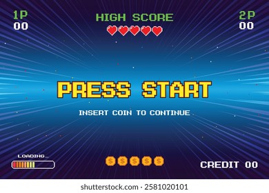 PRESS START INSERT A COIN TO CONTINUE. pixel art .8 bit game. retro game. for game assets. Retro Futurism Sci-Fi Background. glowing neon grid. and stars from vintage arcade computer games