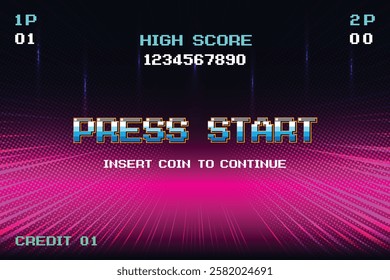 PRESS START. INSERT COIN TO CONTINUE. pixel art. 8 bit game. retro game. for game assets. Retro Futurism Sci-Fi Background. glowing neon grid. and stars from vintage arcade computer games