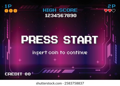 PRESS START. INSERT A COIN TO CONTINUE. pixel art. 8 bit game. retro game. for game assets. Retro Futurism Sci-Fi Background. glowing neon grid. and stars from vintage arcade computer games